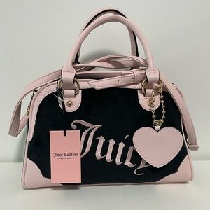 Juicy Couture Velour Lovers Club Bowler Crossbody Handbag Black With Pink NWT